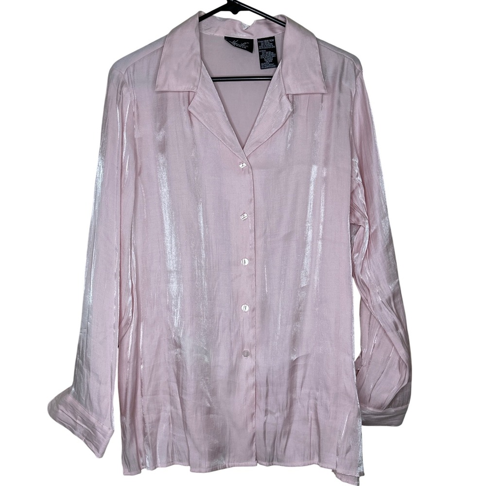 Kathie Lee Woman's Pink Button Down Top Shimmer Long Sleeve Blouse‎ 14W/16W Y2K